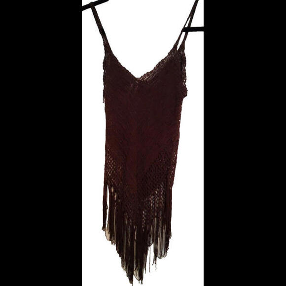 Say What Brown Crotchet Tank Top Fringe Silver Beads Soft Stretch Rayon Large - Picture 2 of 5